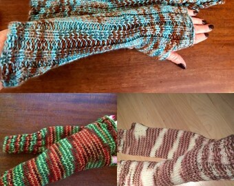 Brown Aqua,  Brown Green or Brown Cream Fingerless Gloves Wrist Warmers Knit  Arm Warmers