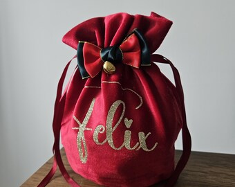 Personalized Christmas Velvet Treat Bag | Reindeer or Bell