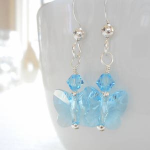Butterfly Earrings, Aquamarine Blue Crystal Earrings, Swarovski Crystal Jewelry, Sterling Silver Earrings, Petite Aqua Blue Dangle Earrings