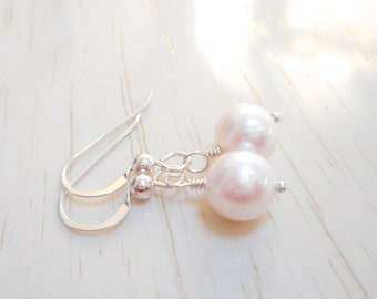 Freshwater Pearl Earrings, Sterling Silver Jewelry, White Pearl Dangle Earrings, Bridal Jewelry, Dainty Birthstone Earrings, June Birthday