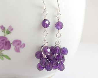Amethyst Cluster Earrings, Genuine Gemstone Sterling Silver Earrings, Purple Stone Bead Earrings, February Birthstone Birthday Gift for Her