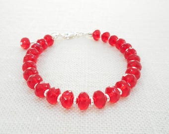 Red Czech Glass Bracelet, Beaded Bracelet, Faceted Glass Bead Bracelet, Christmas Bracelet, Holiday Jewelry Gift, Simple Silver Bracelet