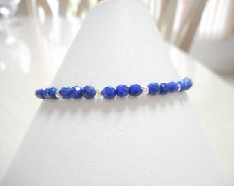 Lapis Lazuli Bracelet, Sterling Silver Jewelry, Genuine Gemstone Bracelet, Dainty Bracelet, Blue Stone Bead Bracelet