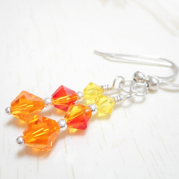 Orange & Yellow Crystal Earrings, Swarovski Crystal Sterling Silver Jewelry, Multicolor Dangle Earrings - Sun, Fireopal and Citrine Crystals