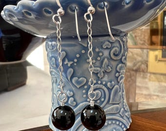 Black Onyx Sterling Silver Long Dangle Earrings: Beaded Gemstone Jewelry