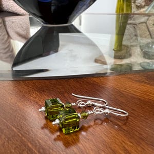 Olive Green Crystal Cube Earrings, Swarovski Crystal Olivine Jewelry, Beaded Drop Earrings, Dangle Earrings, Jewelry Gift for Her
