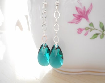 Pendientes de lágrima de cristal Swarovski verde esmeralda, joyería colgante de plata de ley