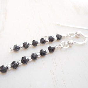 Black Spinel Earrings, Sterling Silver Genuine Gemstone Jewelry, Skinny Dangle Earrings, Tiny Faceted Gemstone Beaded Drop Earrings