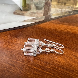 Swarovski Crystal Cube Earrings, Sterling Silver Jewelry, Clear Beaded Drop Earrings, Clear Crystal Dangle Earrings, Jewelry Gift for Her