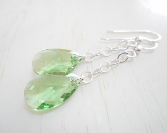 Peridot Teardrop Swarovski Crystal Earrings, Sterling Silver Long Chain Dangle Earrings, August Birthstone Earrings, Green Crystal Jewelry