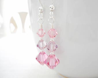 Pink Crystal Earrings, Swarovski Crystal Earrings, Sterling Silver Jewelry, Multicolor Pink Earrings, Beaded Drop Earrings, Dangle Earrings