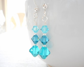 Blue Crystal Earrings, Swarovski Crystal Earrings, Sterling Silver Jewelry, Multicolor Blue Earrings, Beaded Drop Earrings, Dangle Earrings