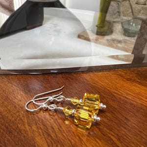 Light Topaz Swarovski Crystal Earrings: Sterling Silver Cube Dangle Jewelry