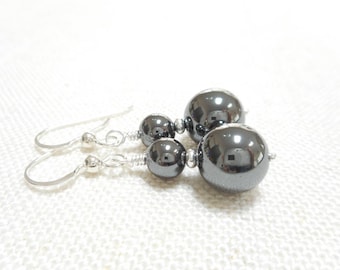 Hematite Earrings, Silver and Gunmetal Gray Earrings, Grey Stone Beaded Drop Earrings, Hematite Jewelry, Dangle Earrings, Gift for Her