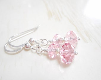 Pink Crystal Earrings, Dainty Earrings, Sterling Silver Jewelry, Light Rose Pink Dangle Earrings, Beaded Drop Earrings, Gift for Her