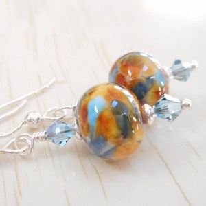 Lampwork Glass Earrings, Sterling Silver Jewelry, Brown and Blue Handmade Glass Bead Earrings, Multicolor Swarovski Dangle Earrings