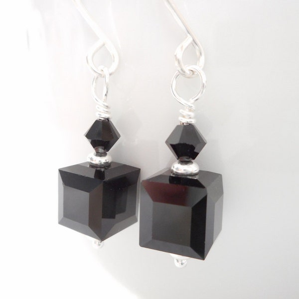 Black Crystal Cube Earrings, Swarovski Crystal Jet Black Cube Jewelry, Dangle Earrings, Silver Beaded Drop Earrings, Jewelry Gift for Her