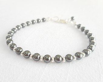 Dainty Hematite Beaded Bracelet: Gunmetal Grey Stacking Jewelry, Adjustable