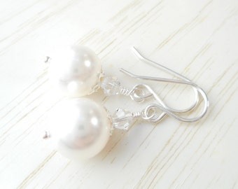 White Pearl and Crystal Earrings, Swarovski Crystal Pearl Earrings, Pearl Jewelry, Dangle Earrings, Bridal Bridesmaid Wedding Jewelry