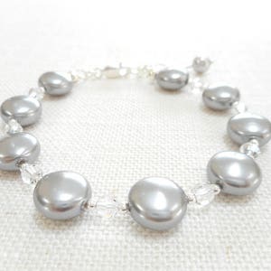 Gray Coin Pearl Bracelet, Grey Swarovski Crystal Pearl Bracelet, Sterling Silver Jewelry, Bridal Jewelry, Beaded Bracelet, Wedding Jewelry