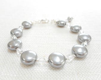 Gray Coin Pearl Bracelet, Grey Swarovski Crystal Pearl Bracelet, Sterling Silver Jewelry, Bridal Jewelry, Beaded Bracelet, Wedding Jewelry