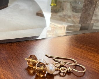 Citrine & Freshwater Pearl Earrings: 14k Gold Filled Dangle Gemstone Jewelry