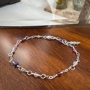 Multi Gemstone Bracelet, Sterling Silver Genuine Gemstone Jewelry, Multicolor Dainty Bracelet, Wire Wrapped Jewelry, Birthstone Bracelet