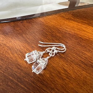 Swarovski Crystal Cube Earrings, Sterling Silver Jewelry, Clear Beaded Drop Earrings, Crystal Dangle Earrings, Dainty Wedding Jewelry