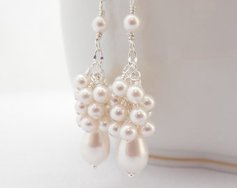 Swarovski Pearl Cluster Earrings: Sterling Silver Bridal Jewelry