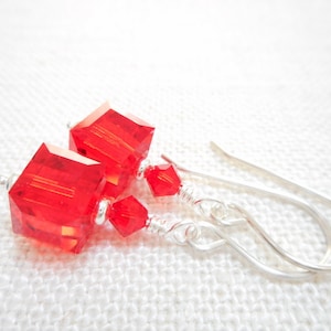 Red Swarovski Crystal Cube Earrings, Sterling Silver Dangle Earrings
