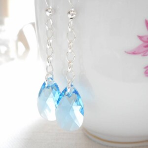 Aquamarine Teardrop Swarovski Crystal Earrings, Aqua Blue Drop Earrings, Sterling Silver Long Chain Earrings, March Birthday Jewelry
