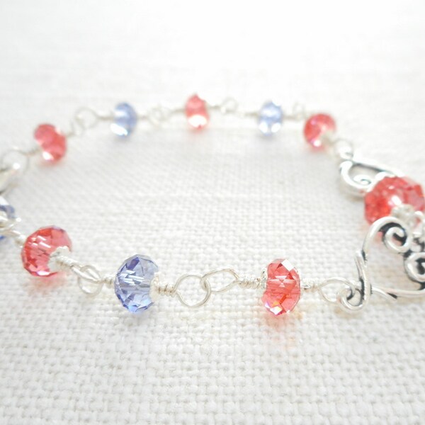 Double Heart Bracelet - Tanzanite & Padparadscha Swarovski Crystal Bracelet, Sterling Silver Wire Wrapped Bracelet, Jewelry Gift for Her