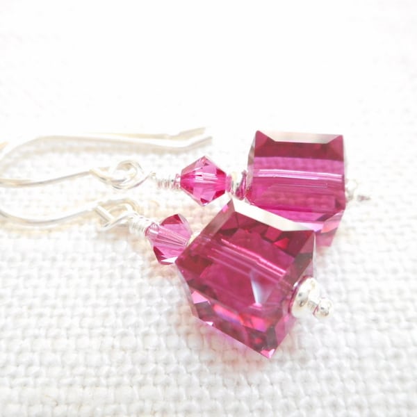 Fuchsia Crystal Cube Earrings, Swarovski Crystal Jewelry, Pink Dangle Earrings, Swarovski Crystal Jewelry, Beaded Drop Earrings