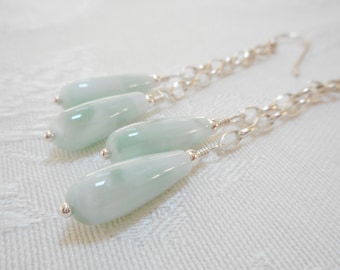 Green Moonstone Earrings, Sterling Silver Genuine Gemstone Jewelry, Teardrop Earrings, Long Chain Earrings, Pale Green Cluster Earrings