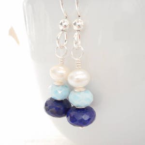 Lapis Lazuli, Larimar & Pearl Earrings, Gemstone and Freshwater Pearl Jewelry, Sterling Silver Dangle Earrings, Blue and White Earrings