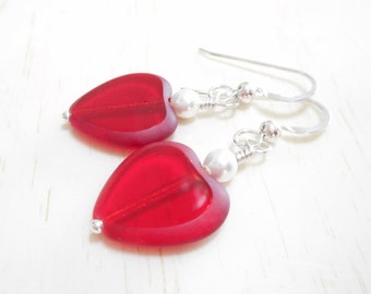 Red Heart Earrings, Sterling Silver Jewelry, Swarovski Crystal Pearl & Czech Glass Heart Bead Earrings, Valentine's Day Dangle Earrings