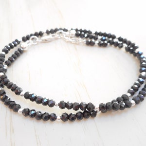 Black Spinel Double Wrap Bracelet: Sterling Silver Gemstone Jewelry, Adjustable