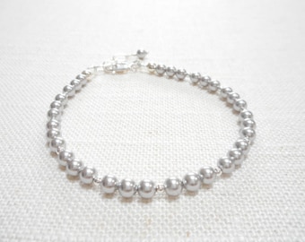 Dainty Light Gray Pearl Bracelet: Swarovski Crystal, Sterling Silver, Adjustable