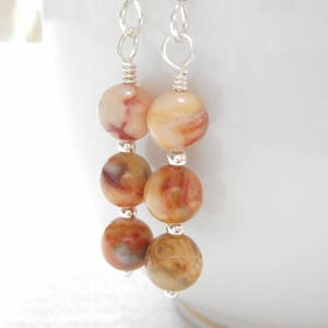 May include: A pair of dangle earrings with a silver chain and four round, brown, white, and orange agate beads.