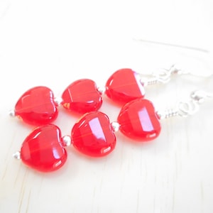 Red Heart Earrings, Valentine&#39;s Day Gift for Her, Sterling Silver Jewelry, Czech Glass Earrings, Beaded Drop Earrings, Dangle Earrings,