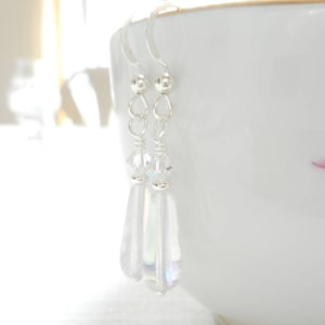 Clear Glass Teardrop Earrings, Swarovski Crystal Dangle Earrings, Clear Aurora Borealis Glass Bead Jewelry, Simple Pressed Glass Earrings