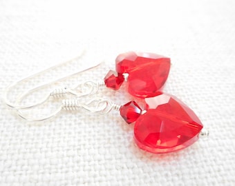 Red Crystal Heart Earrings, Light Siam Swarovski Crystal Jewelry, Sterling Silver Dangle Earrings, Dainty Earrings, Valentine's Day Jewelry