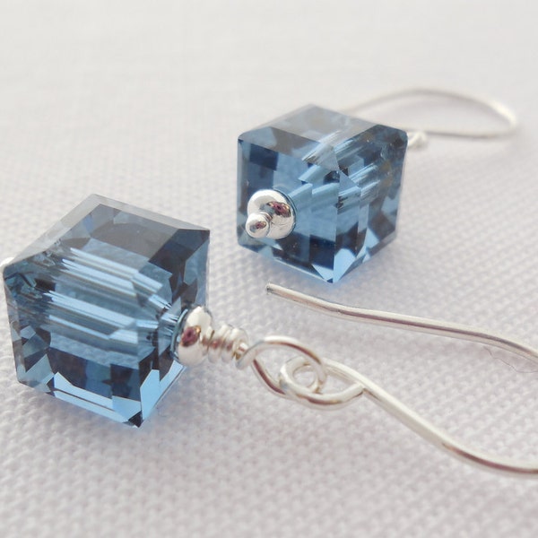 Denim Blue Swarovski Crystal Cube Earrings, Blue Beaded Crystal Simple Drop Earrings