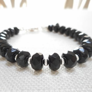 Black Czech Glass Bracelet, Beaded Bracelet, Faceted Glass Bead Bracelet, Czech Glass Jewelry, Simple Silver Bracelet, Jewelry Gift for Her