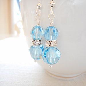 Aquamarine Crystal Earrings, Blue Swarovski Crystal Earrings, Sterling Silver Jewelry, Aqua Blue Dangle Earrings, March Birthstone Earrings