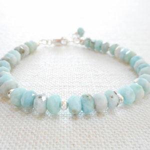 Faceted Larimar Bracelet, Genuine Gemstone Jewelry, Sky Blue Stone Beaded Bracelet, Sterling Silver Jewelry, Larimar Jewelry, Gift for Her