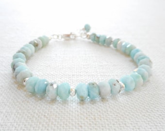 Faceted Larimar Bracelet, Genuine Gemstone Jewelry, Sky Blue Stone Beaded Bracelet, Sterling Silver Jewelry, Larimar Jewelry, Gift for Her