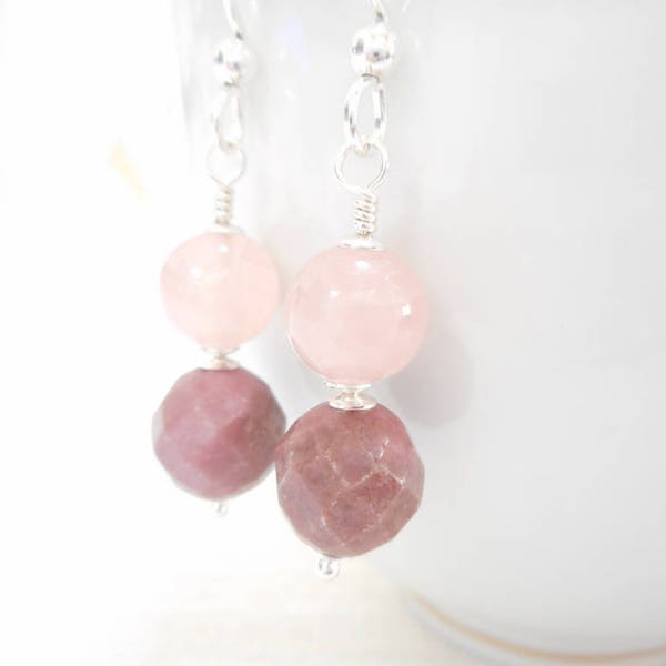 Pink Rhodonite & Rose Quartz Earrings, Sterling Silver Gemstone Jewelry, Dangle Earrings, Stone Beaded Drop Earrings, Jewelry Gift for Her