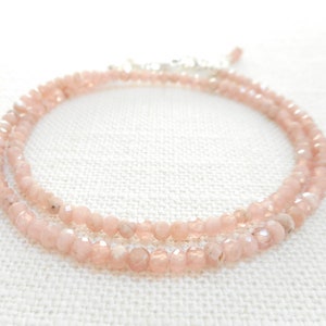 Pink Rhodochrosite Bracelet, Dainty Bracelet, Sterling Silver Gemstone Jewelry, Tiny Faceted Pink Stone Beaded Bracelet, Long Wrap Bracelet