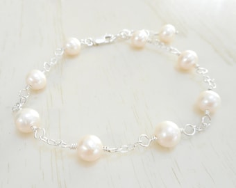 White Freshwater Pearl Bracelet: Sterling Silver Wire-Wrapped Bridal Jewelry